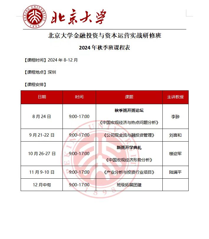 北京大学金融投资与资本运营实战研修班 2024年秋季班课程表_秋季班开班论坛 8月24日 9:00-17:00 李翀 《中国宏观经济与热点问题分析》_深圳