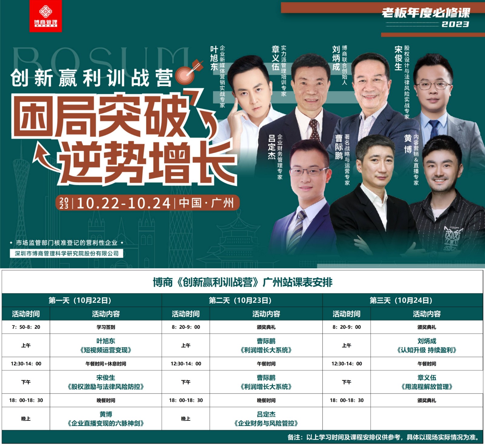 2023年10月22-24日博商管理《创新盈利训练营》广州站课程安排曹际鹏 《利润增长大系统》