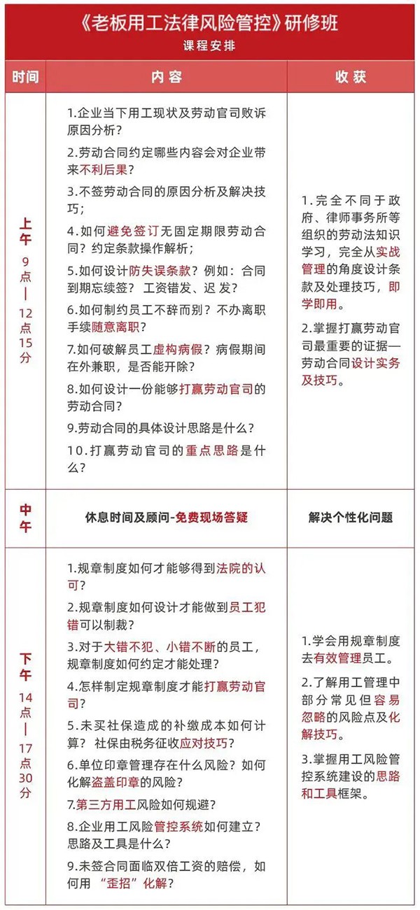武汉站《老板用工法律风险管控》研修班