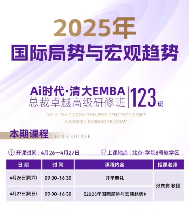 2024年4月26-27日北清智库商学院AI时代清大emba总裁班课程安排_张庆安_2025年国际局势与宏观趋势