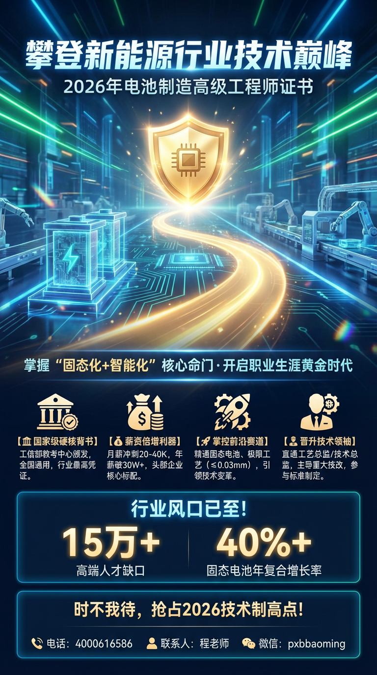 2026年电池制造高级工程师证书介绍：攀登新能源行业的技术巅峰
