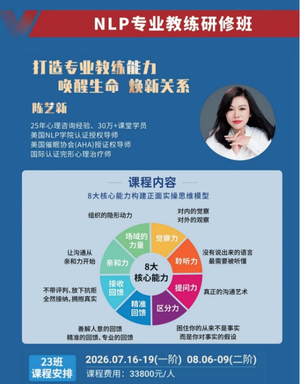 时代华商NLP专业教练研修班 打造专业教练能力 唤醒生命 焕新关系 陈艺新