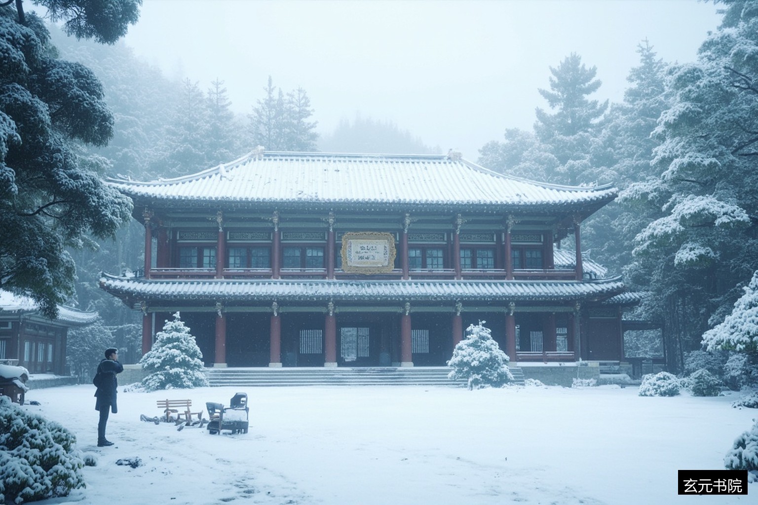 山间书院雪景松林