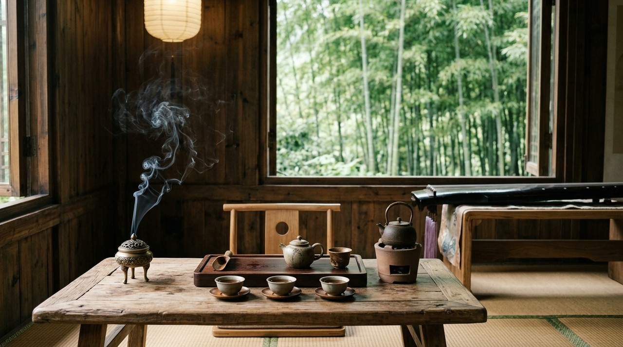 终南境幽静禅房中的雅致茶席与古琴