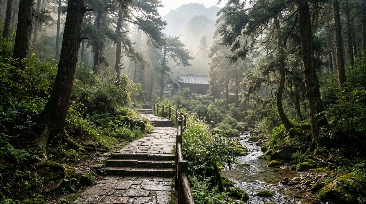 终南山石阶小径两旁青苔与山泉