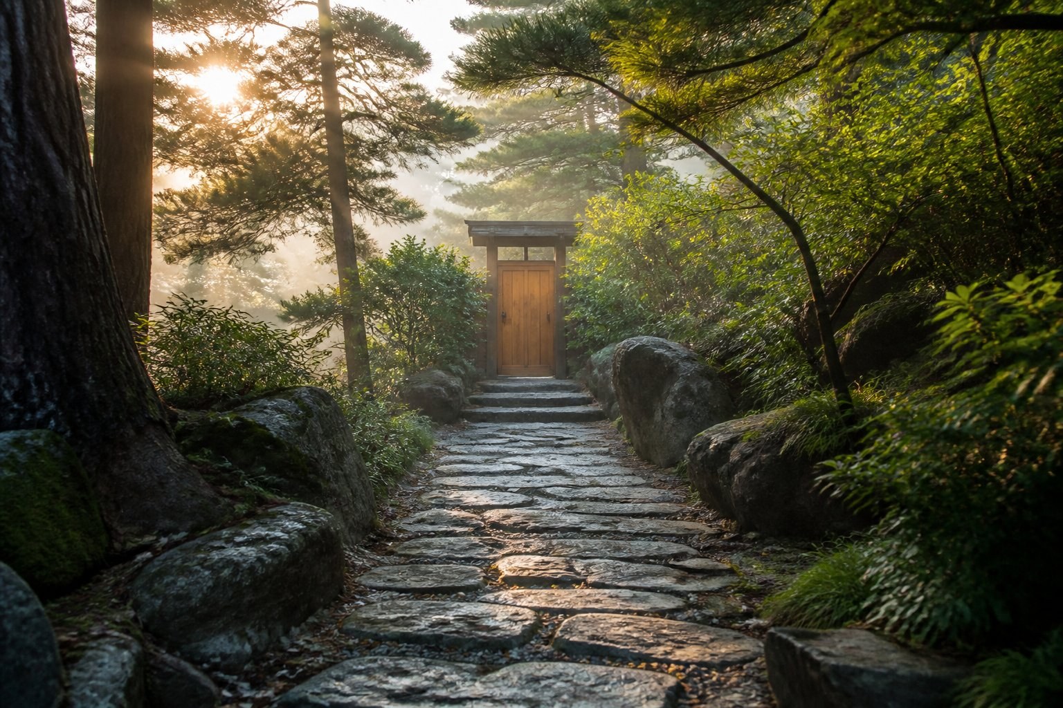 林间小径通向木门，比喻从旧证书叙事走向可执业的专业路径