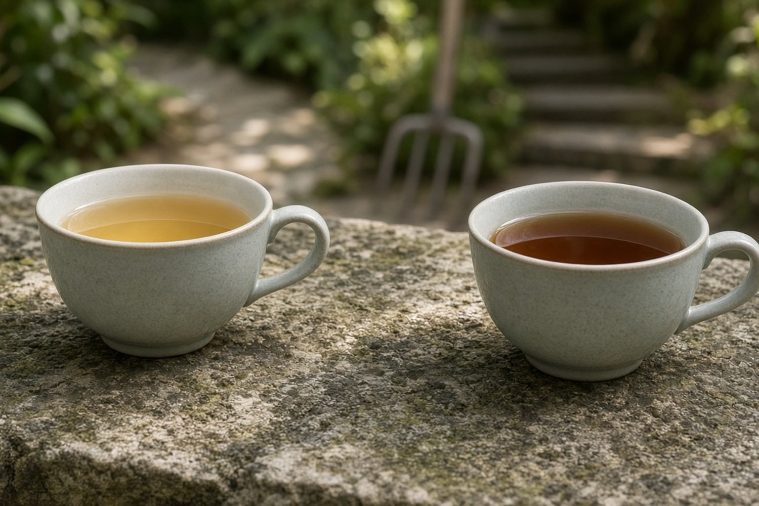 石桌上两杯茶，提醒轻断食窗口和山谷辟谷营不是同一条路