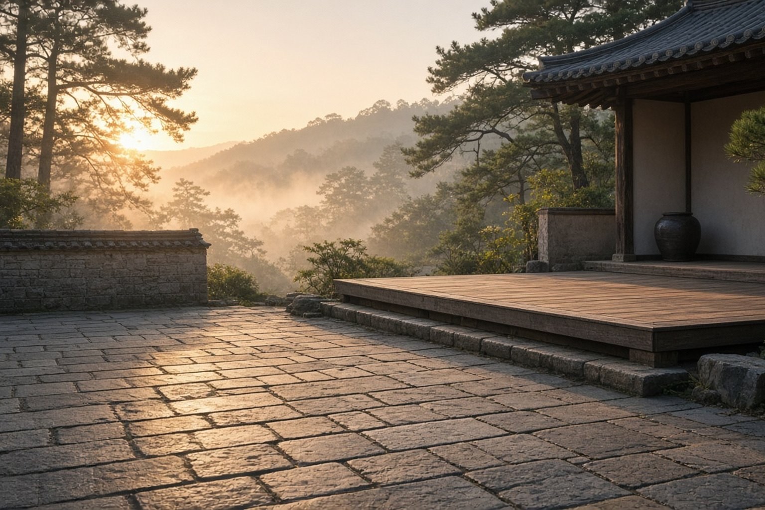 日出庭院木台，适合把吐纳从耳机跟练改回正一观现场