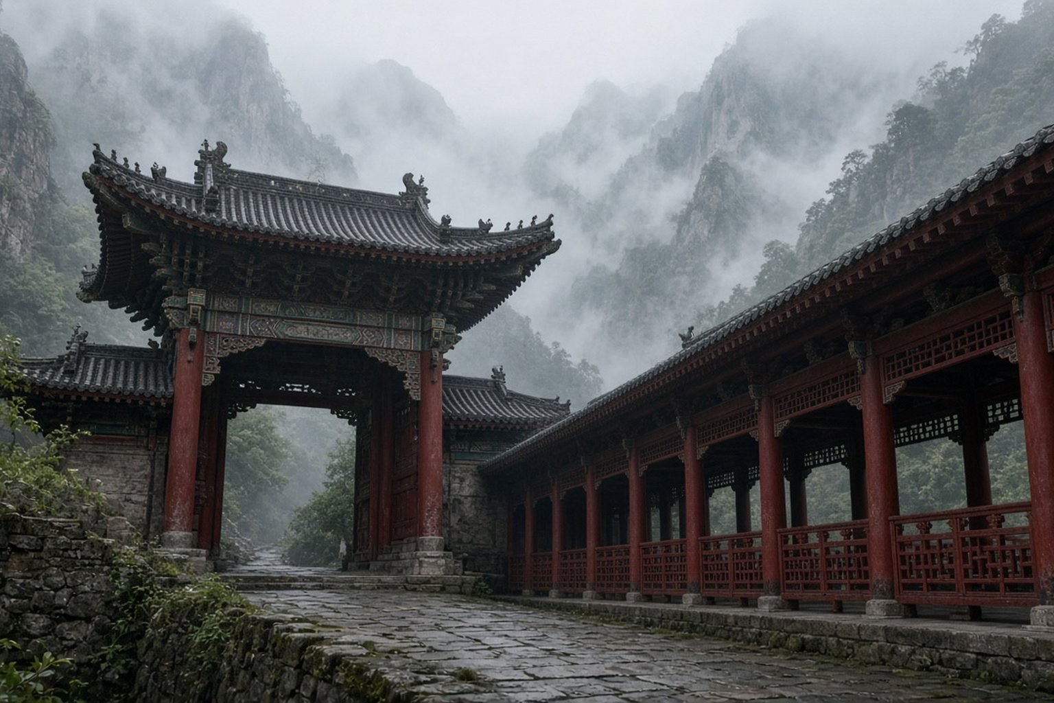 山门与石道，对照买票进院子和报到后分配房间服饰