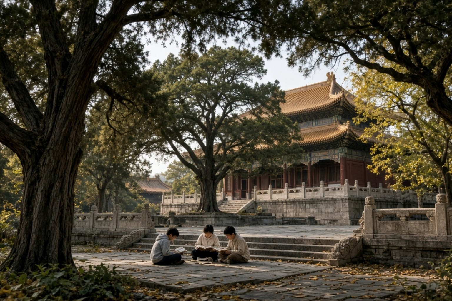 殿宇石阶上读书的少年