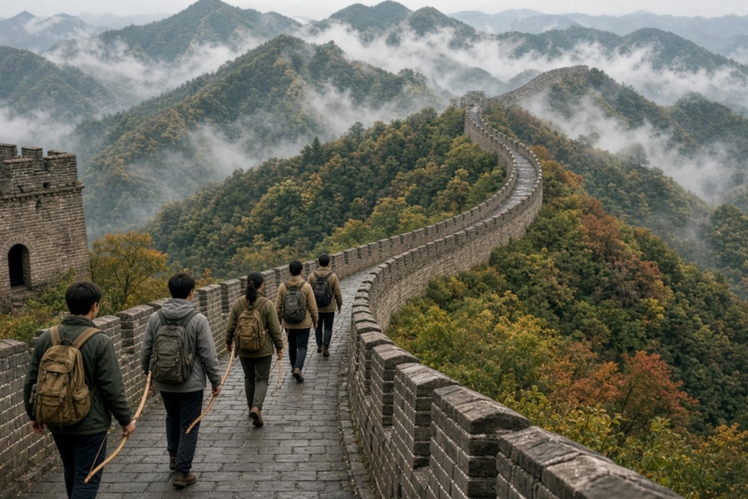 长城城墙上行走的少年与木弓